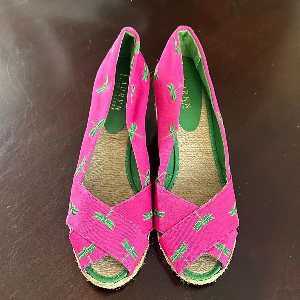 Lauren Ralph Lauren Cecelia Pink Embroidered Canvas Wedge Espadrille Size 10